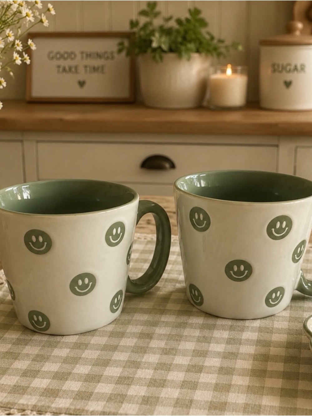 Green Smiley Ceramic Mugs retro farmhouse friend mugs - Set of 2